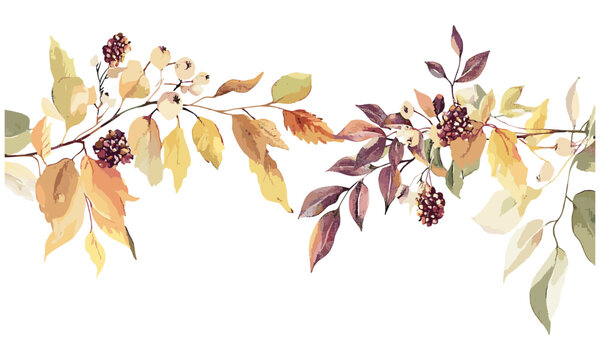 Botanical art floral border, autumn leaves, watercolor style, invitation card for wedding, birthday, holiday celebrations, vector illustration, nature theme, rustic elegance.