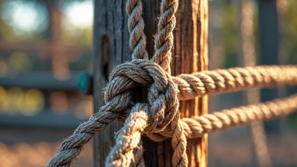 Close up of old frayed rope fence seen through wooden post along beach trail during summer