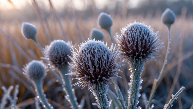 Brown thistle seed head covered with crystallized white frost during a nature walk. - Powered by Adobe
