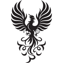 Fototapeta premium Bold Phoenix Silhouette Vector,Flat phoenix icon bold mythical bird vector in black silhouette style,Minimalist phoenix silhouette vector – simple and stylish mythical bird illustration for logos.