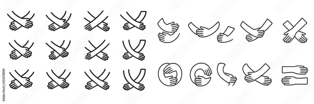 Poster various hand gestures symbolizing cooperation, connection, and communication in a simple graphic des