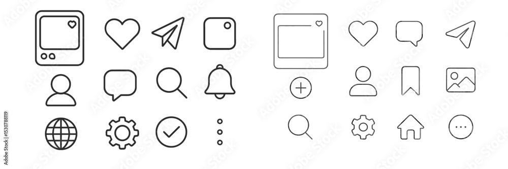 Fototapete Collection of simple line icons representing social media functions and user interactions visually displayed on a clean background