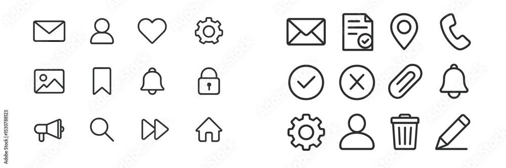 Poster icon collection featuring various symbols for communication, organization, and navigation in a minim