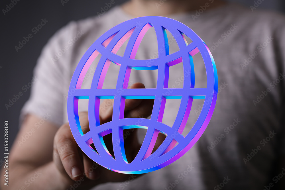 Poster person's hand interacts with a vibrant 3d globe, symbolizing global connectivity and networking.