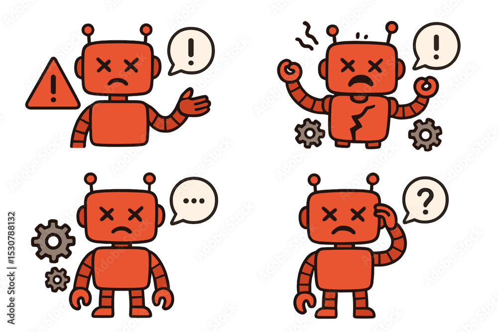 Poster Illustrations depicting robotic characters experiencing various states of confusion and malfunction in a creative style