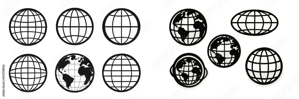 Poster Various globe designs represented in black, illustrating continents and grid patterns for educational use