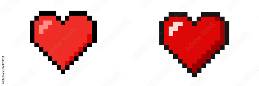 Poster two pixelated red hearts in contrasting styles showcasing digital art design techniques from retro g