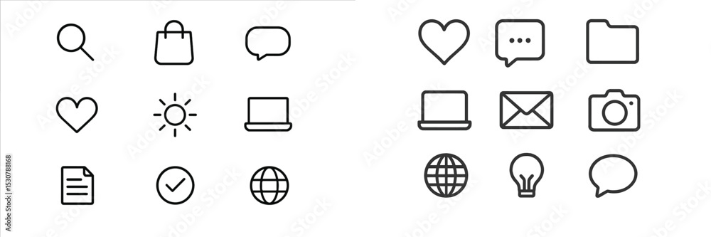 Poster Set of minimalist line icons representing various digital activities and communications in a modern design