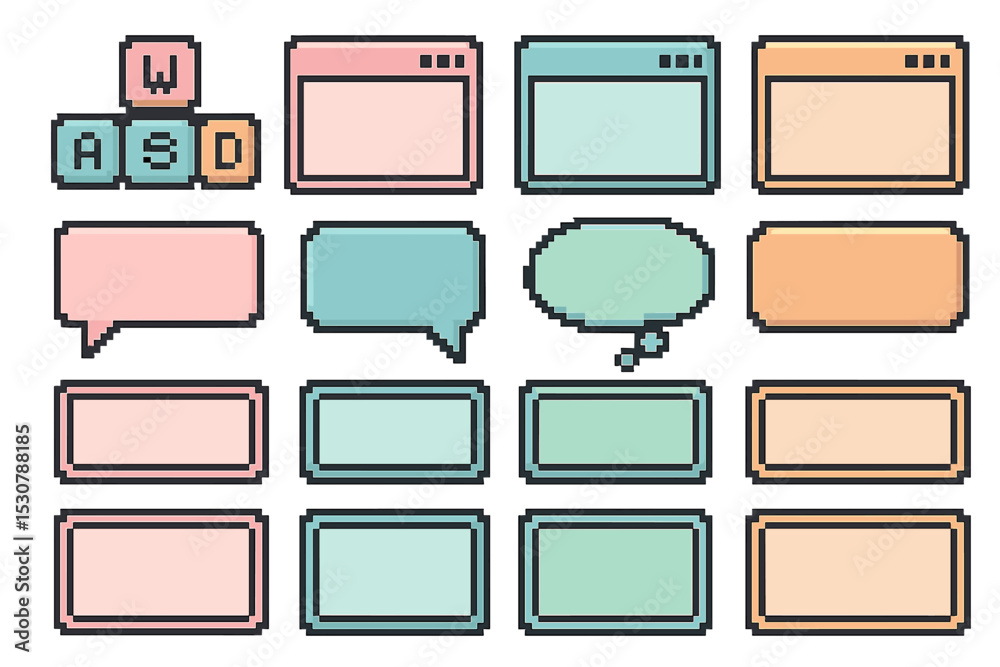 Poster colorful pixel art chat bubbles and window layouts for digital design projects and creativity