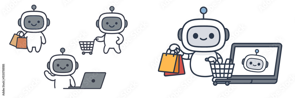 Poster cute robot characters engaging in shopping and online activities in a modern digital environment