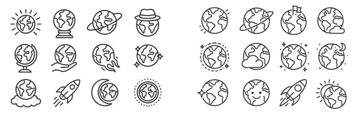 Illustrations of earth and space concepts featuring globes, rockets, and celestial bodies in minimalist design style