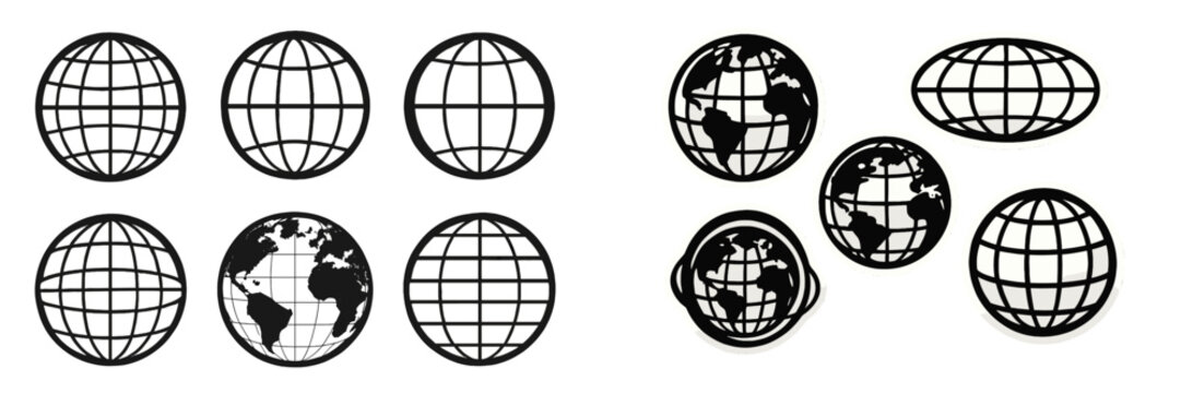 Various globe designs represented in black, illustrating continents and grid patterns for educational use