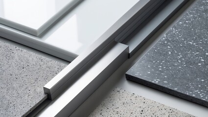 Close-up of interior mood and tone board displaying a blend of interior materials, including artificial stone, grey textile fabric for drapery, and gold and silver metallic laminated samples.