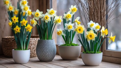 Blooming tulip botanical and daffodils alongside willow branches on window. Forced flowering for holidays and events.
