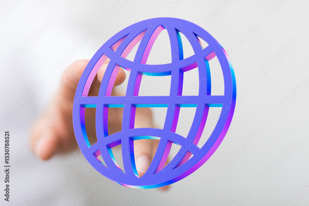 Poster Abstract image of a hand interacting with a vibrant 3D globe icon, symbolizing global connectivity and networking.