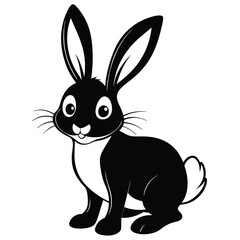 Black and white stylized rabbit looks toward the viewer with its long ears standing tall