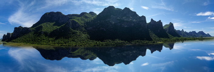 panorama mountain peak and bue sky background reflection for backgrounds.