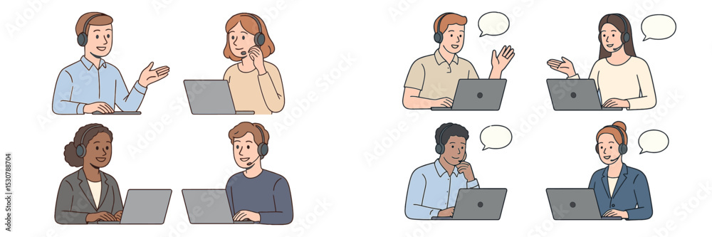 Poster professionals engaged in virtual meetings with laptops and headsets in a collaborative workspace env