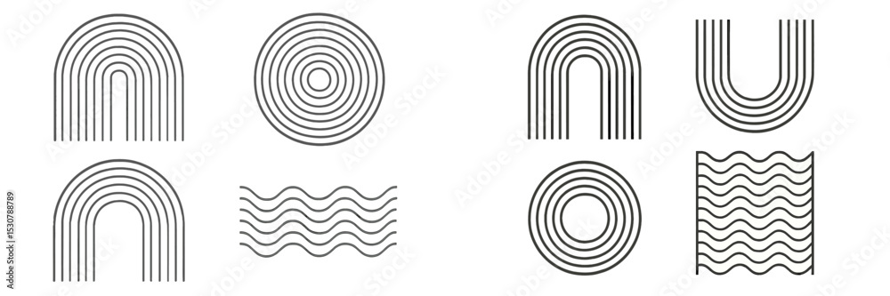 Poster Patterns of lines and shapes create abstract art with waves, circles, and arcs in black and white design elements