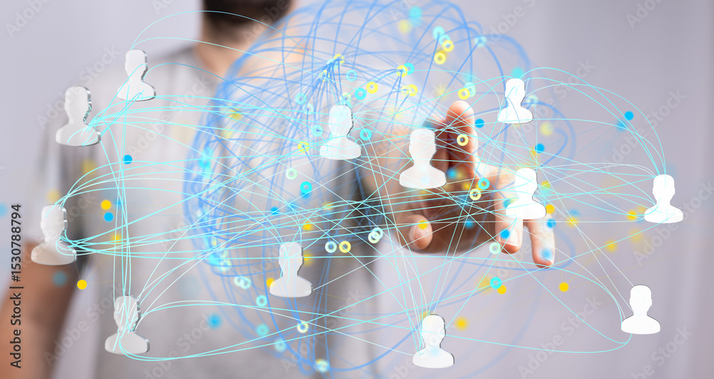 Aufkleber A person interacts with a digital network, visualizing connections and global communication.