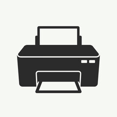 Black printer icon with open paper tray on light background  