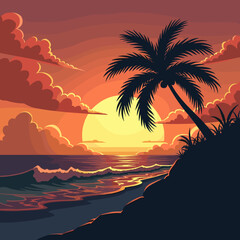 Tropical sunset over ocean with palm tree silhouette on beach  