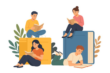 Fototapeta premium Friends enjoying reading together in a cozy environment featuring stacked books and greenery