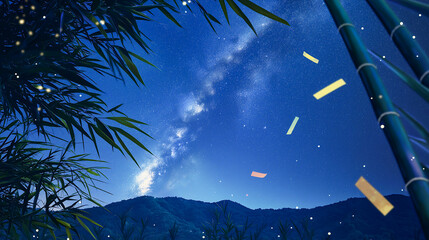 七夕の夜空に願いを込めて 星空と短冊が舞う幻想風景
