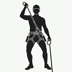 Silhouette of a man in safety harness holding ropes in climbing stance  
