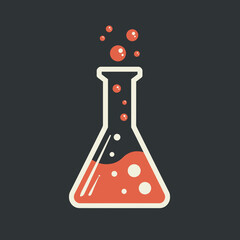 Laboratory flask with bubbling red liquid on dark background  