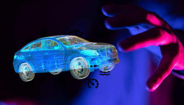 Futuristic wireframe car, digital innovation, technology concept. Perfect for automotive, tech, and future themes.