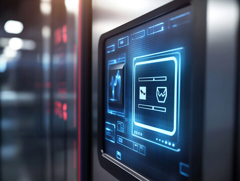 Futuristic server room interface showing network activity and data processing visualizations