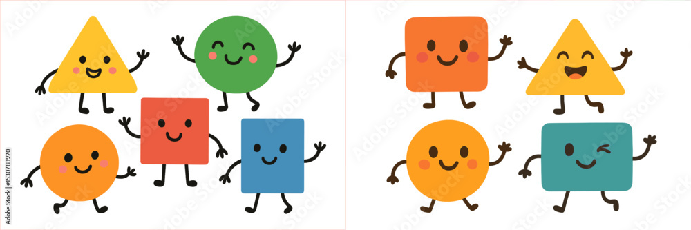 Poster colorful shapes with faces interacting playfully in a bright and cheerful environment