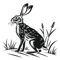 Silhouette hare sitting among the grass in black and white gives a simple yet detailed appearance