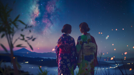 七夕の夜、星空を見上げる浴衣姿のふたり  夏の思い出と願いごと