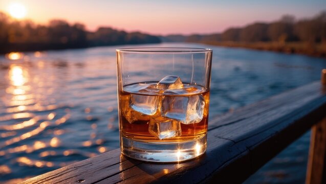 Captain Morgan and ginger ale on the ledge of a pier. Sunset at Kill Devil Hills, North Carolina, in June with a drink. Vacation at Outer Banks.