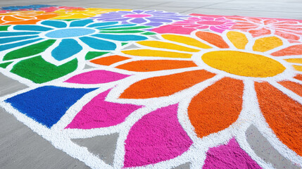 Vibrant rangoli design featuring colorful flowers in various shades, creating lively and festive atmosphere
