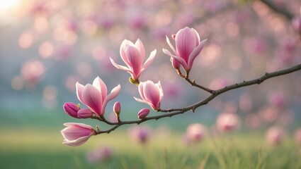 Close-up of a blooming pink magnolia tree set against a sunset. Lovely branch of pink magnolia. Selective focus. Lovely spring floral backdrop.