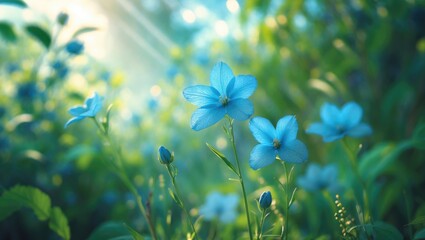 Blurred background featuring blue cornflowers in the field. Blue flowers, specifically cornflowers, in the garden. Cornflower located in the flowerbed.