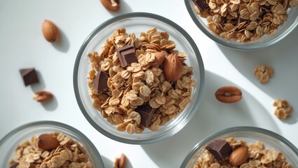 Obraz premium Chocolate nuts oatmeal granola displayed on a white isolated background.