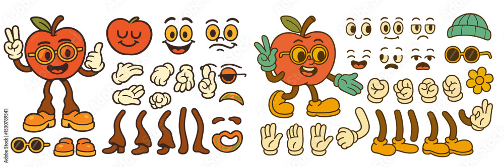 Poster colorful cartoon character design featuring an expressive apple with various facial expressions and 
