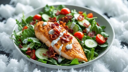 Chicken fillet with salad, a healthy food option, suitable for keto diet and ideal as a diet lunch concept. Top view on white background.