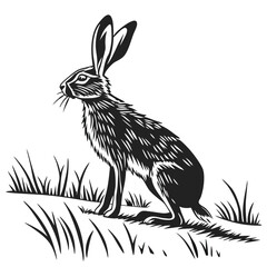 Detailed black and white hare sits among tall blades of grass in field