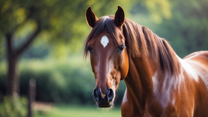 Fototapeta premium Portrait of a brown horse set against a natural background