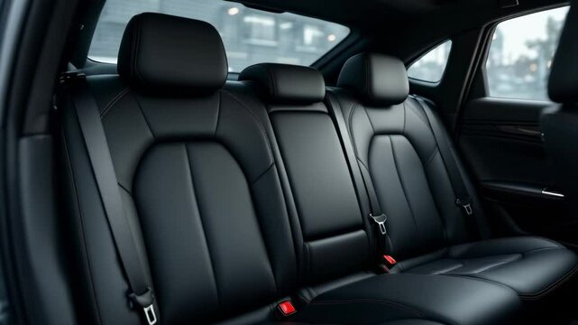an inside view of an automobile's rear leather seating with seatbelts and red trim in daylight