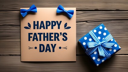 Happy father's day card and gift box on rustic wooden background