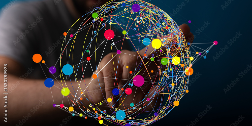 Poster Person interacts with a colorful digital network, representing global connectivity and data visualization.