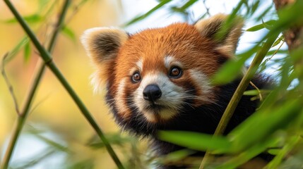 Close-up of a red panda peeking through lush bamboo foliage in a vibrant natural setting