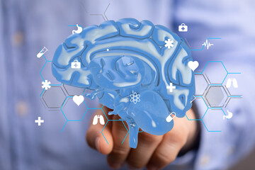 3D rendering of a human brain with various medical icons. Perfect for healthcare, neuroscience, and...