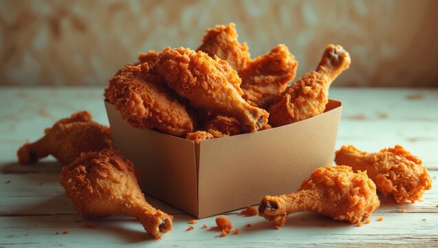 Chicken wings in paper box on a white wooden table, overhead. Flat lay, top view. Close-up.